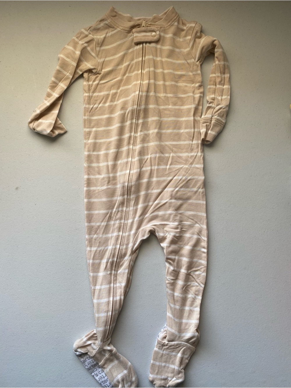 Carter's Beige White Horizontal Stripes Zip Front Footed Sleeper Pajamas 12M
